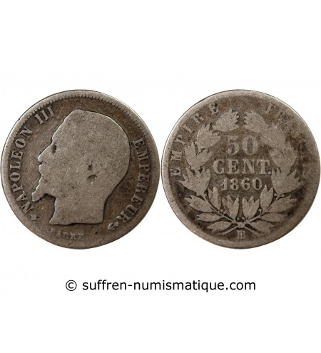NAPOLEON III, TÊTE NUE - 50 CENTIMES ARGENT 1860 BB STRASBOURG - Croix tréflée