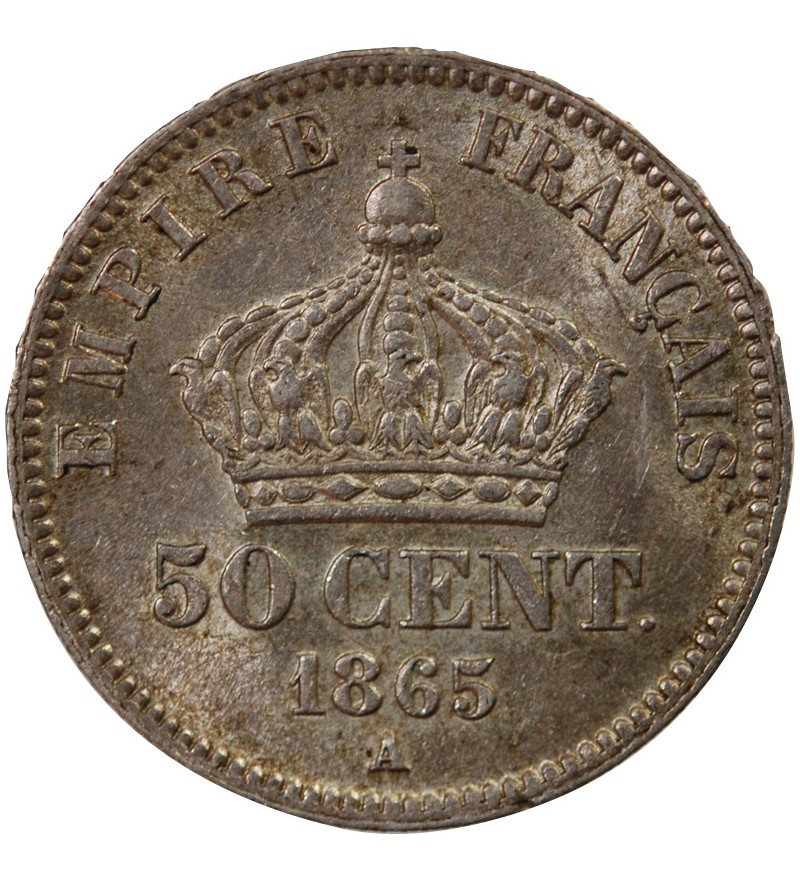 NAPOLEON III, TÊTE LAURÉE - 50 CENTIMES ARGENT 1865 A PARIS