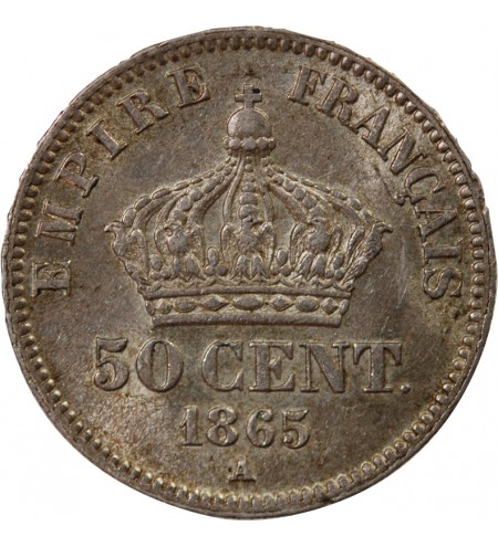 NAPOLEON III, TÊTE LAURÉE - 50 CENTIMES ARGENT 1865 A PARIS