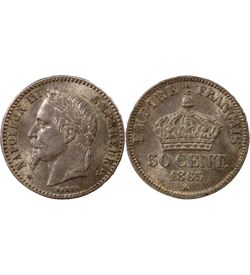 NAPOLEON III, TÊTE LAURÉE - 50 CENTIMES ARGENT 1865 A PARIS