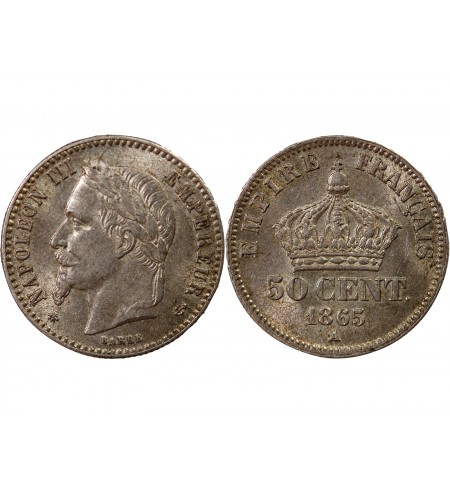 NAPOLEON III, TÊTE LAURÉE - 50 CENTIMES ARGENT 1865 A PARIS