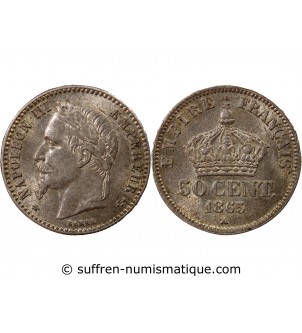 NAPOLEON III, TÊTE LAURÉE - 50 CENTIMES ARGENT 1865 A PARIS