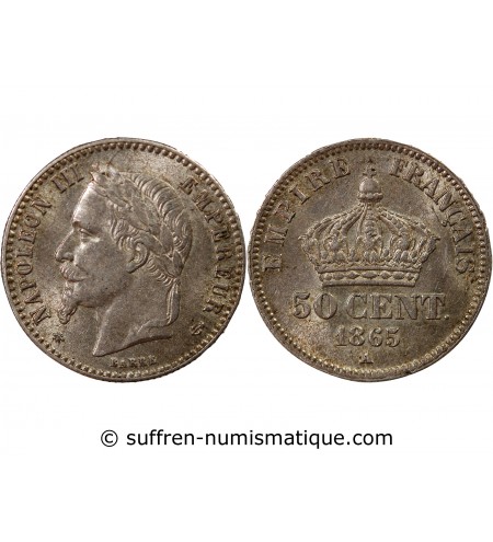 NAPOLEON III, TÊTE LAURÉE - 50 CENTIMES ARGENT 1865 A PARIS