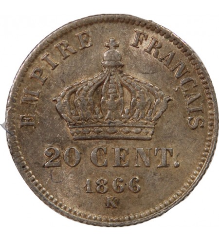 NAPOLEON III, TÊTE LAURÉE - 20 CENTIMES ARGENT 1866 K BORDEAUX