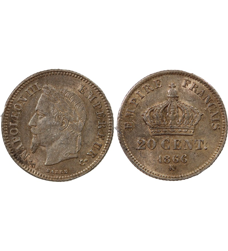 NAPOLEON III, TÊTE LAURÉE - 20 CENTIMES ARGENT 1866 K BORDEAUX