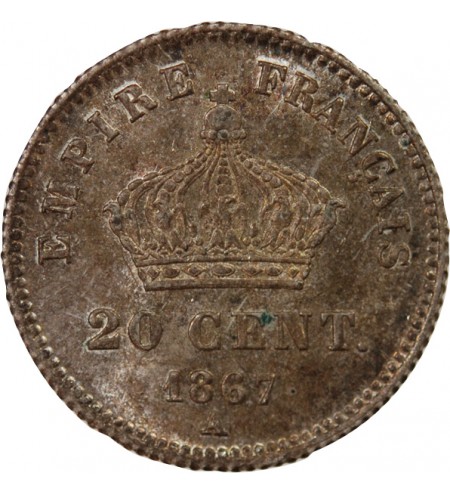 NAPOLEON III, TÊTE LAURÉE - 20 CENTIMES ARGENT 1867 A PARIS