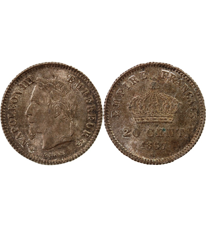 NAPOLEON III, TÊTE LAURÉE - 20 CENTIMES ARGENT 1867 A PARIS