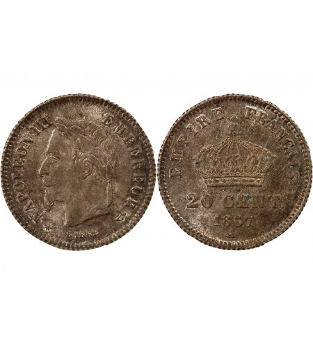 NAPOLEON III, TÊTE LAURÉE - 20 CENTIMES ARGENT 1867 A PARIS
