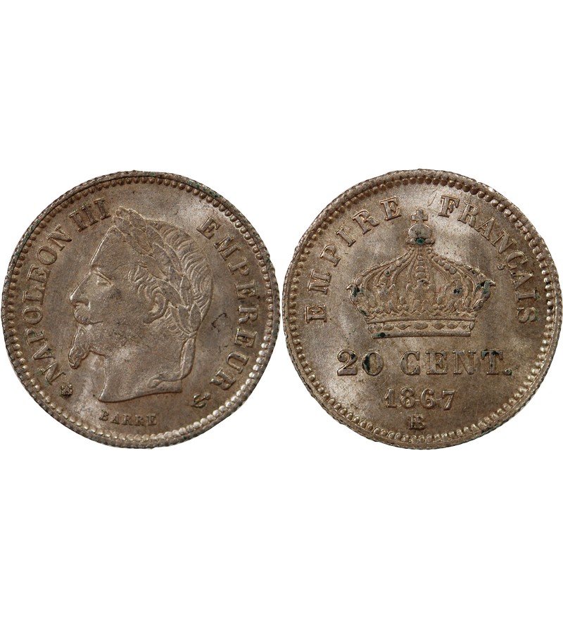 NAPOLEON III, TÊTE LAURÉE - 20 CENTIMES ARGENT 1867 BB STRASBOURG