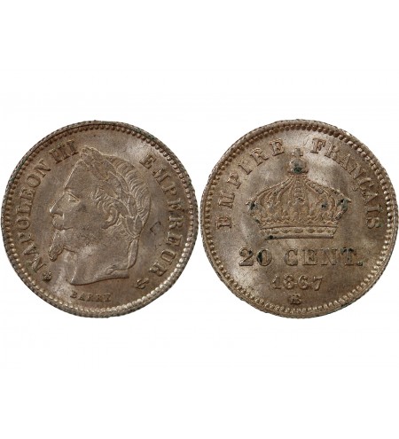 NAPOLEON III, TÊTE LAURÉE - 20 CENTIMES ARGENT 1867 BB STRASBOURG