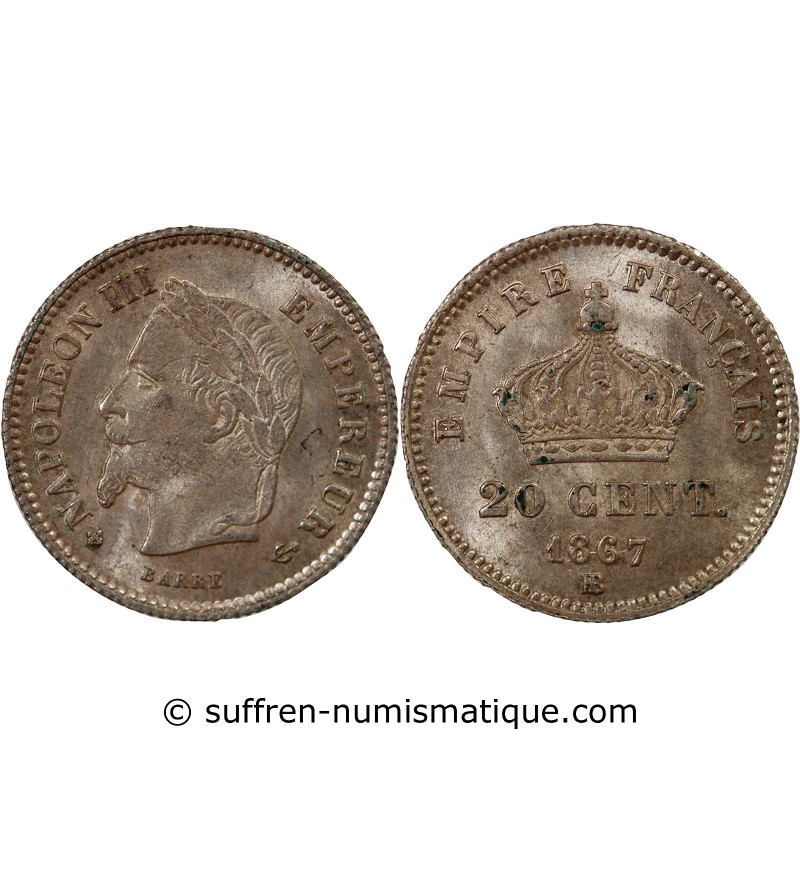 NAPOLEON III, TÊTE LAURÉE - 20 CENTIMES ARGENT 1867 BB STRASBOURG
