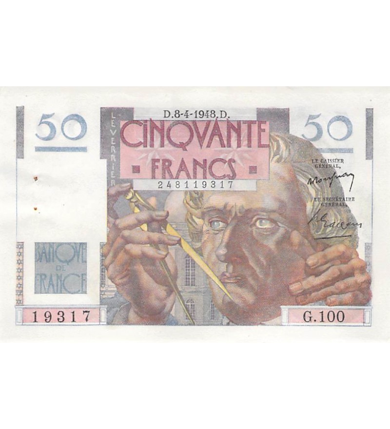FRANCE - 50 FRANCS LE VERRIER 08/04/1948 - SÉRIE G.100 - SUP