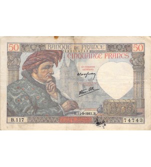 FRANCE, JACQUES COEUR - 50 FRANCS 11/09/1941 - SÉRIE B.117 - TB 2