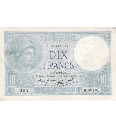 FRANCE - 10 FRANCS MINERVE 06/04/1939 - TTB