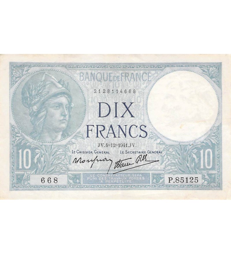 FRANCE - 10 FRANCS MINERVE 04/12/1941 - TTB+