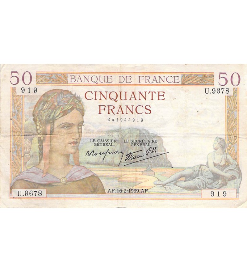 FRANCE - 50 FRANCS CERES 16/02/1939 - TB+