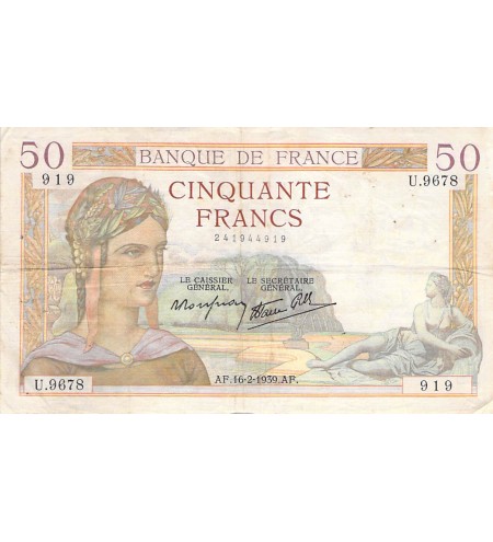 FRANCE - 50 FRANCS CERES 16/02/1939 - TB+