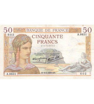 FRANCE - 50 FRANCS CERES 09/03/1939 - TTB