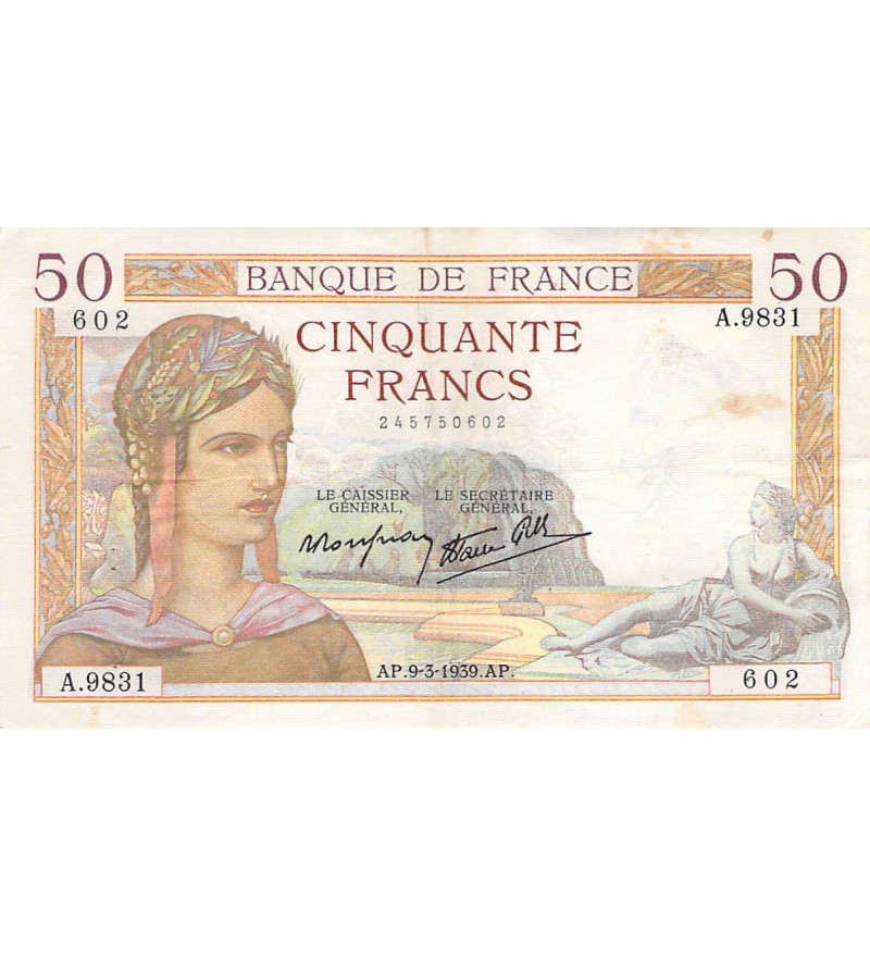 FRANCE - 50 FRANCS CERES 09/03/1939 - TTB