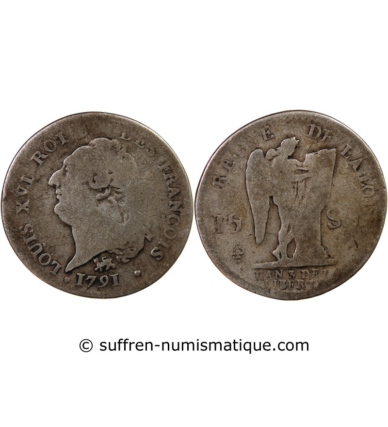 REVOLUTION FRANCAISE, CONSTITUTION - 15 SOLS  ARGENT 1791 A PARIS 2nd semestre