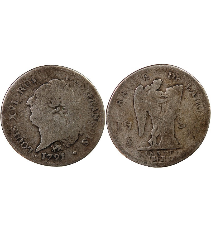 REVOLUTION FRANCAISE, CONSTITUTION - 15 SOLS  ARGENT 1791 A PARIS 2nd semestre