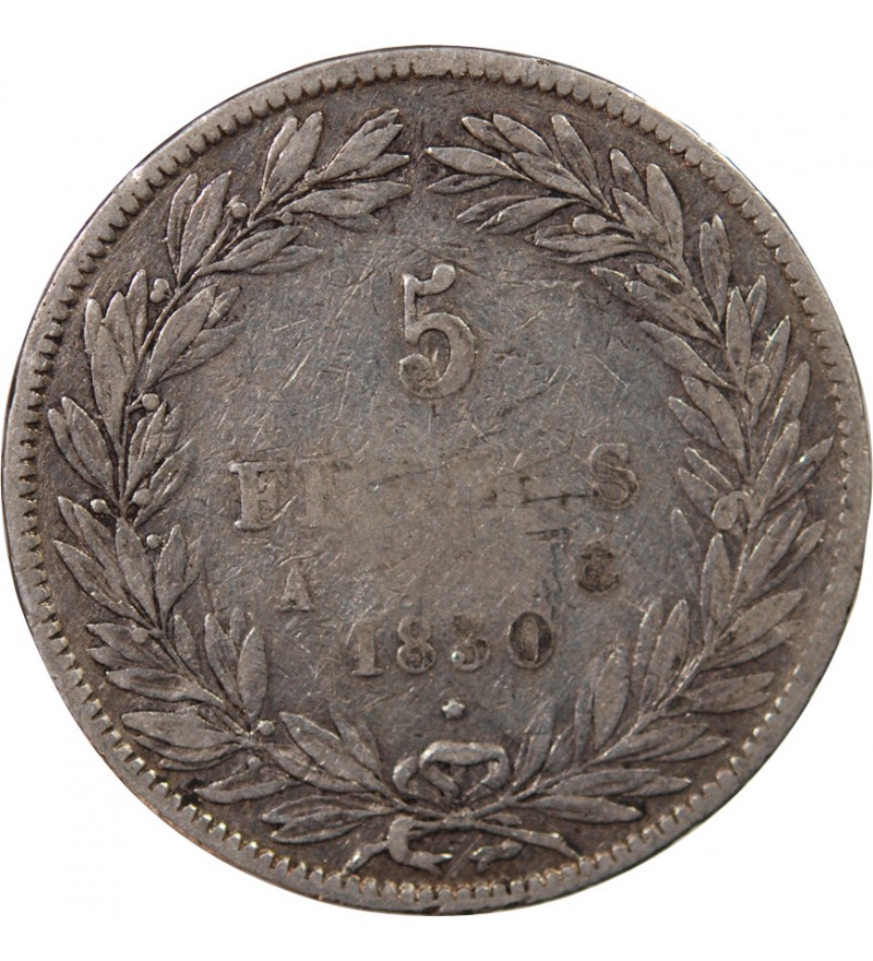 LOUIS PHILIPPE﻿ - 5 FRANCS 1830 A PARIS "Tiolier sans le I, Tr creux"
