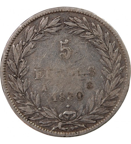 LOUIS PHILIPPE﻿ - 5 FRANCS 1830 A PARIS "Tiolier sans le I, Tr creux"
