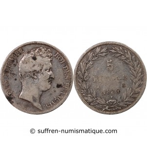 LOUIS PHILIPPE﻿ - 5 FRANCS 1830 A PARIS "Tiolier sans le I, Tr creux"