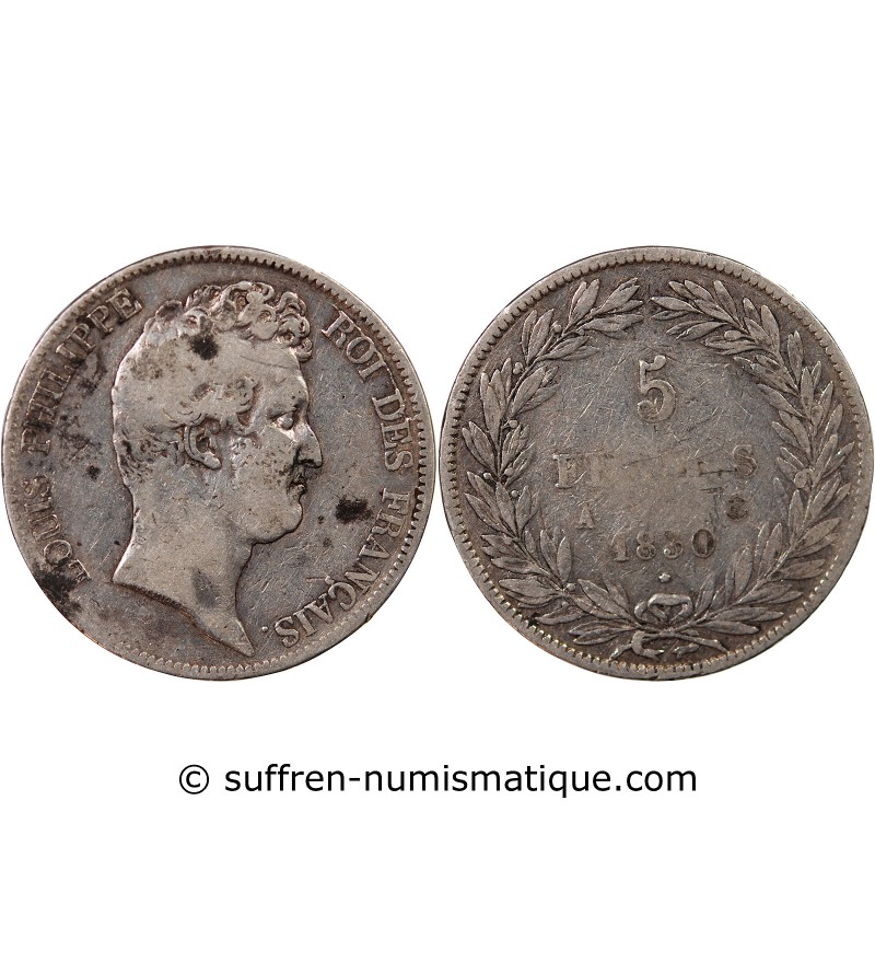 LOUIS PHILIPPE﻿ - 5 FRANCS 1830 A PARIS "Tiolier sans le I, Tr creux"