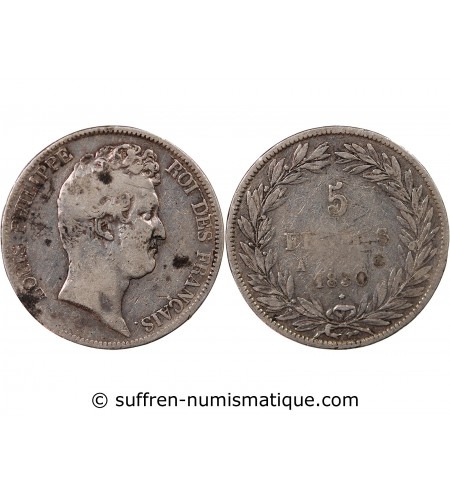LOUIS PHILIPPE﻿ - 5 FRANCS 1830 A PARIS "Tiolier sans le I, Tr creux"