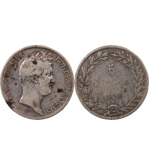 LOUIS PHILIPPE﻿ - 5 FRANCS 1830 A PARIS "Tiolier sans le I, Tr creux" 2