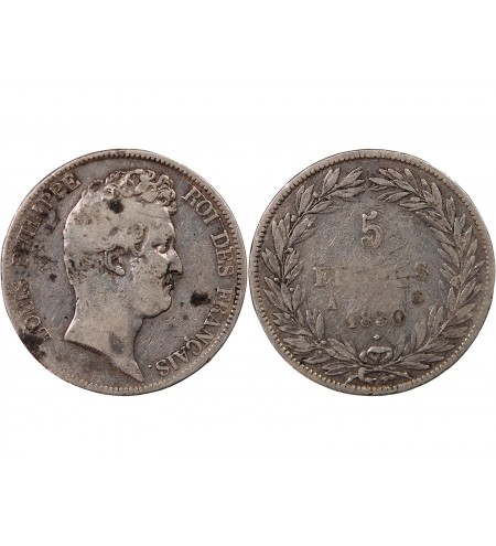 LOUIS PHILIPPE﻿ - 5 FRANCS 1830 A PARIS "Tiolier sans le I, Tr creux"