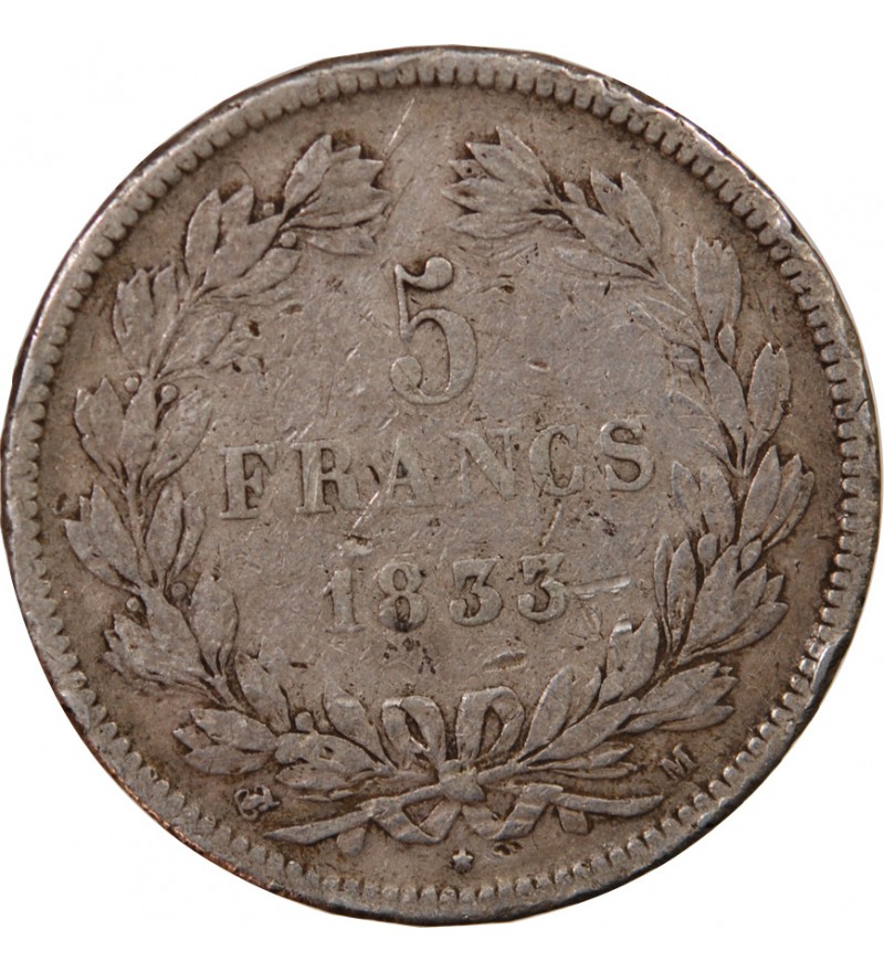 LOUIS PHILIPPE﻿ - 5 FRANCS ARGENT 1833 M TOULOUSE "Type Domard, Tr relief"