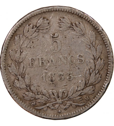 LOUIS PHILIPPE﻿ - 5 FRANCS ARGENT 1833 M TOULOUSE "Type Domard, Tr relief"