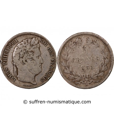 LOUIS PHILIPPE﻿ - 5 FRANCS ARGENT 1833 M TOULOUSE "Type Domard, Tr relief"