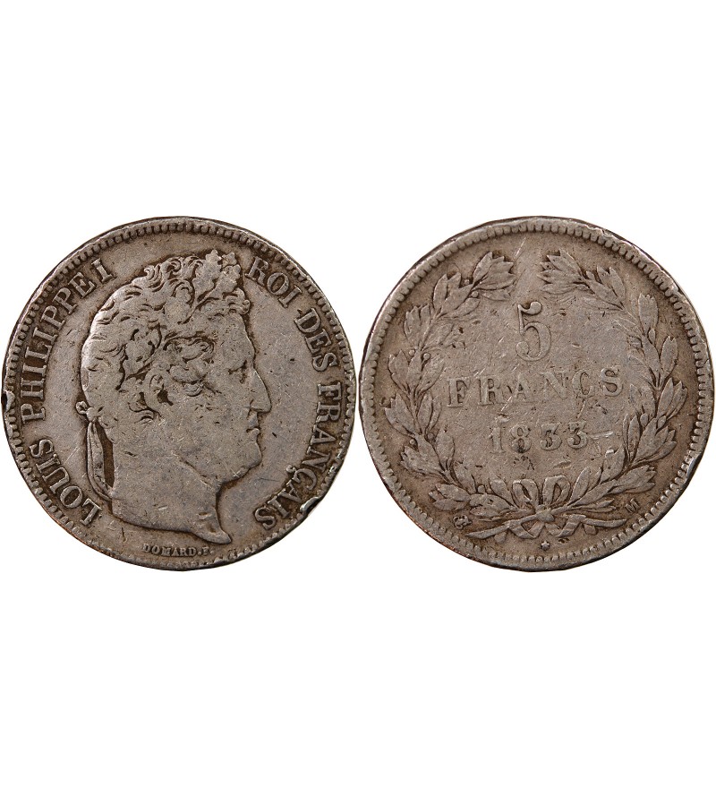 LOUIS PHILIPPE﻿ - 5 FRANCS ARGENT 1833 M TOULOUSE "Type Domard, Tr relief"