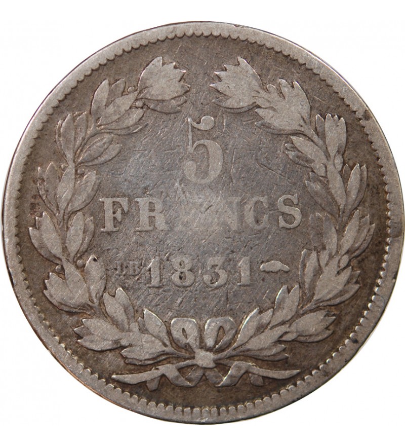 LOUIS PHILIPPE﻿ - 5 FRANCS ARGENT 1831 BB STRASBOURG "Type Domard, Tr creux"