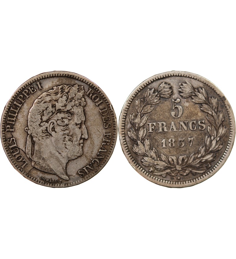 LOUIS PHILIPPE﻿ - 5 FRANCS ARGENT 1837 MA MARSEILLE "Type Domard, Tr relief"