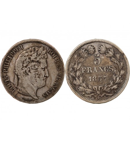 LOUIS PHILIPPE﻿ - 5 FRANCS ARGENT 1837 MA MARSEILLE "Type Domard, Tr relief"