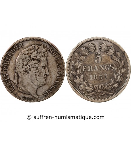 LOUIS PHILIPPE﻿ - 5 FRANCS ARGENT 1837 MA MARSEILLE "Type Domard, Tr relief"