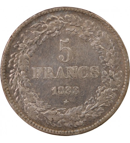 BELGIQUE, LEOPOLD Ier - 5 FRANCS ARGENT 1833
