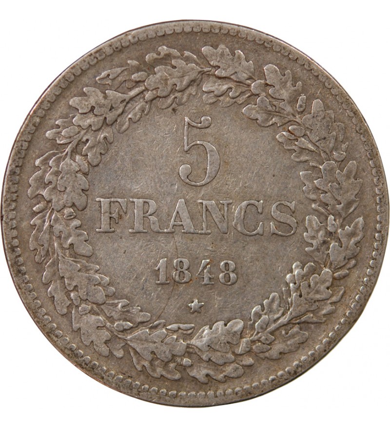 BELGIQUE, LEOPOLD Ier - 5 FRANCS ARGENT 1848