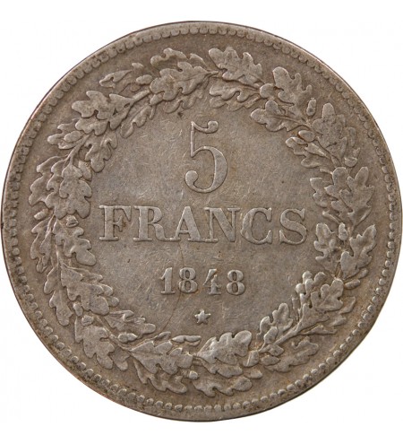 BELGIQUE, LEOPOLD Ier - 5 FRANCS ARGENT 1848