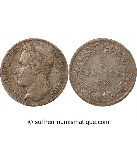 BELGIQUE, LEOPOLD Ier - 5 FRANCS ARGENT 1848