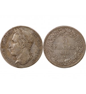 BELGIQUE, LEOPOLD Ier - 5 FRANCS ARGENT 1848 2