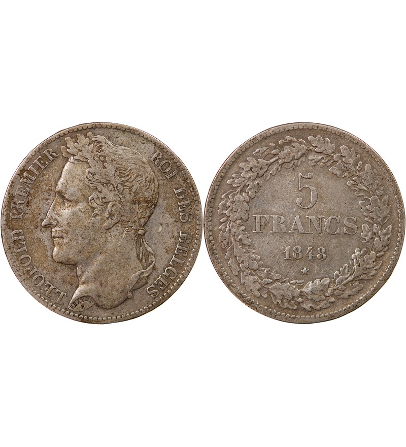 BELGIQUE, LEOPOLD Ier - 5 FRANCS ARGENT 1848