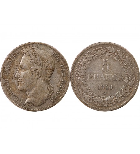 BELGIQUE, LEOPOLD Ier - 5 FRANCS ARGENT 1848