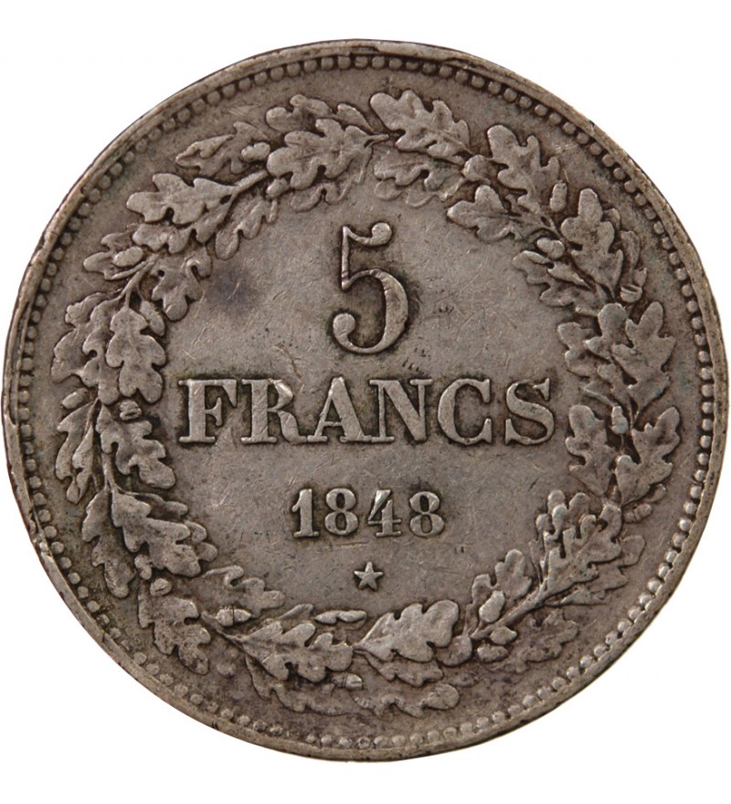 BELGIQUE, LEOPOLD Ier - 5 FRANCS ARGENT 1848
