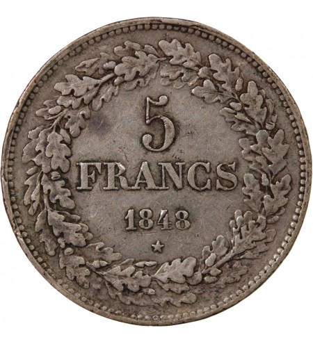 BELGIQUE, LEOPOLD Ier - 5 FRANCS ARGENT 1848