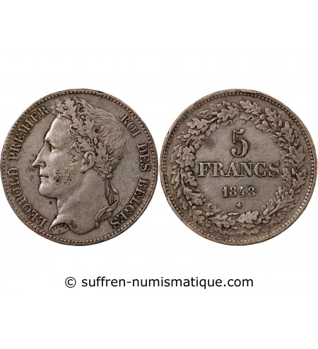BELGIQUE, LEOPOLD Ier - 5 FRANCS ARGENT 1848
